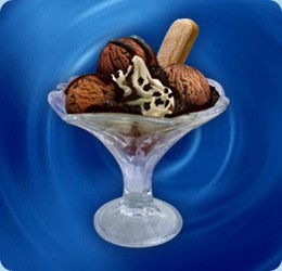 chocolate ice cream (3 scoops), pieces of chocolate, topping: chocolate, cream, sweet biscuit