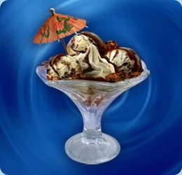 cookies ice cream (3 scoops), cacao biscuit (Frollini), topping: chocolate, cream