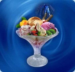 different assortments of ice creams (3 scoops at choice), fresh fruits (strawberry, raspberry, apricot, kiwi, bananas...), topping: strawberry or chocolate, cream, waffle rolls or sweet biscuit